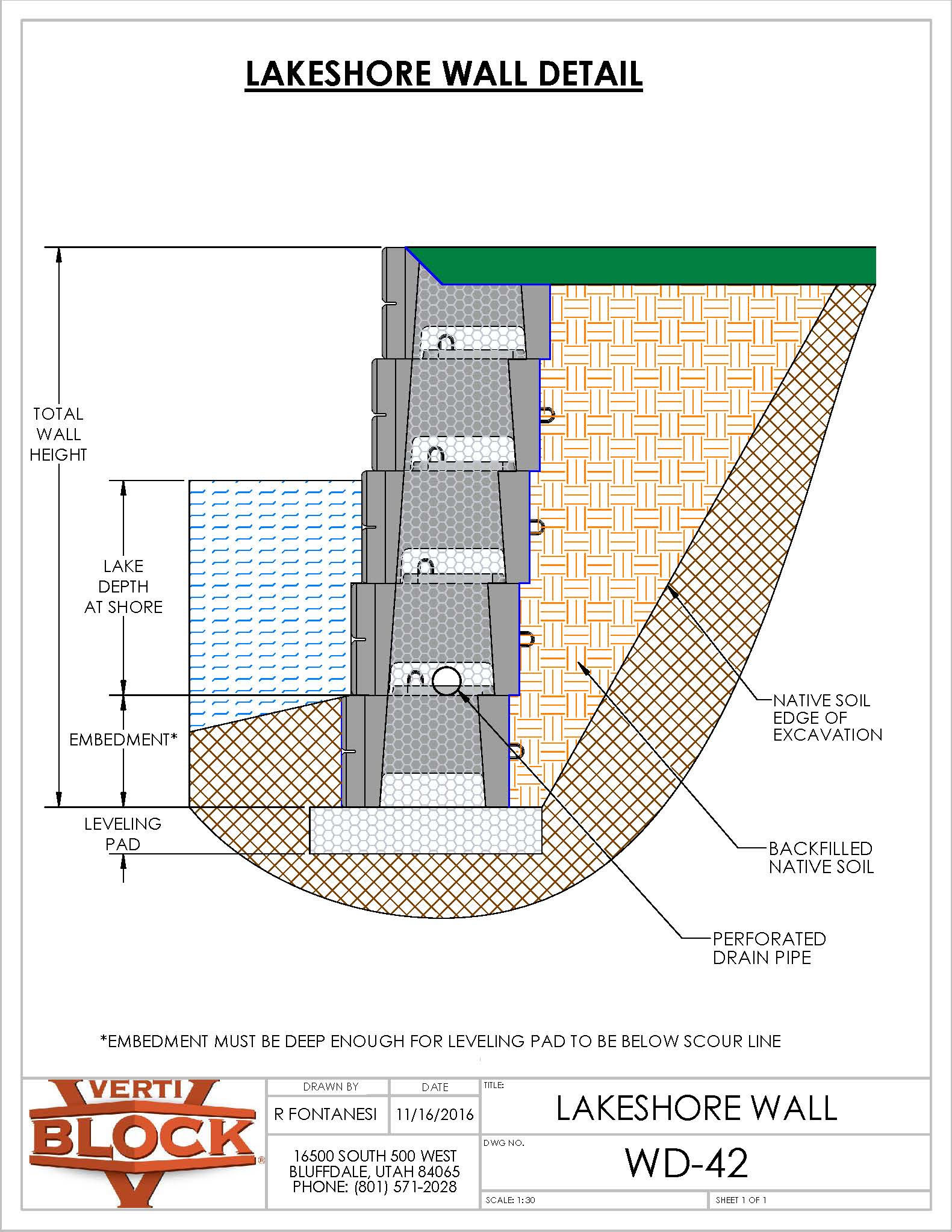 Technical cross-section drawing of a lakeshore wall detailing layers including native soil, backfilled soil, perforated drain pipe, and leveling pad.