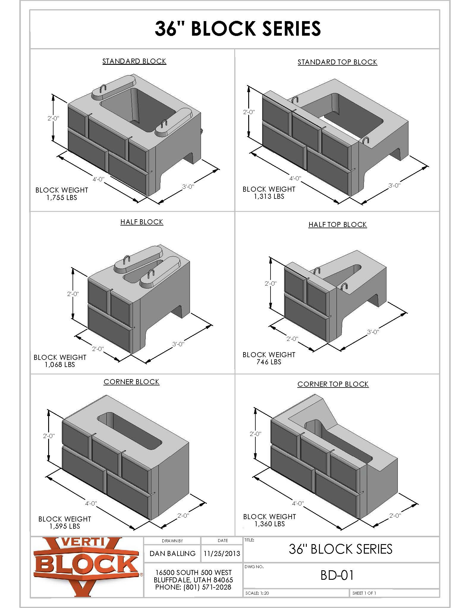 Technical drawing of the 36-inch block series showing six types of concrete blocks with dimensions and weights: Standard Block, Standard Top Block, Half Block, Half Top Block, Corner Block, and Corner Top Block.