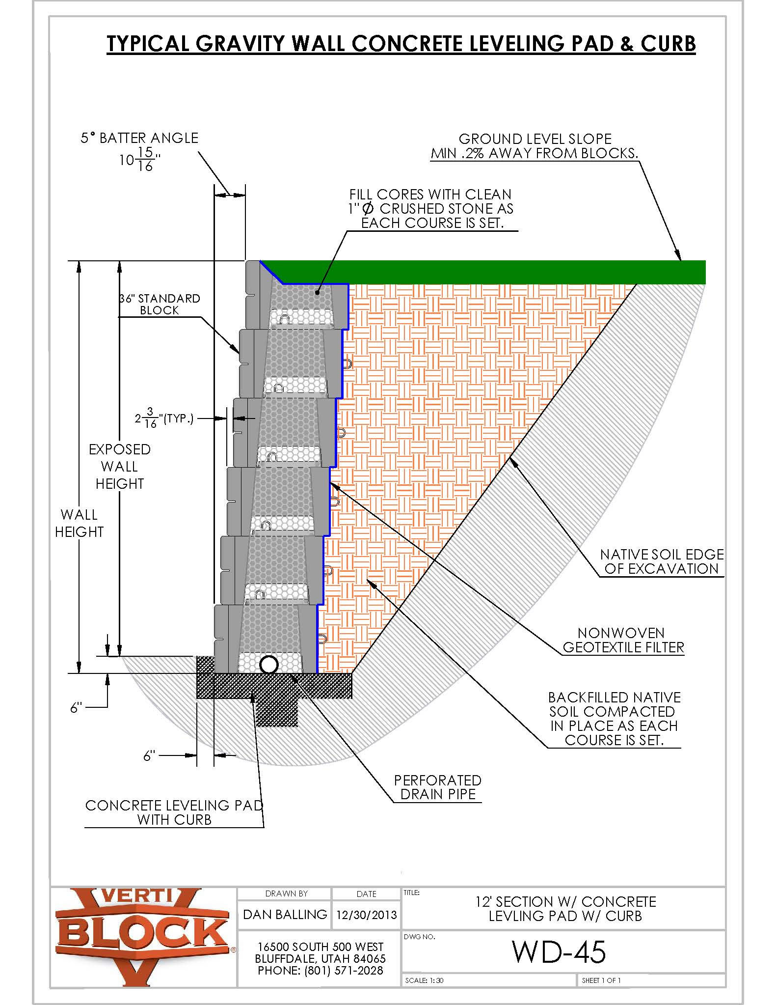 Technical drawing showing a typical gravity wall with concrete leveling pad and curb, including dimensions, materials, and cross-section details.