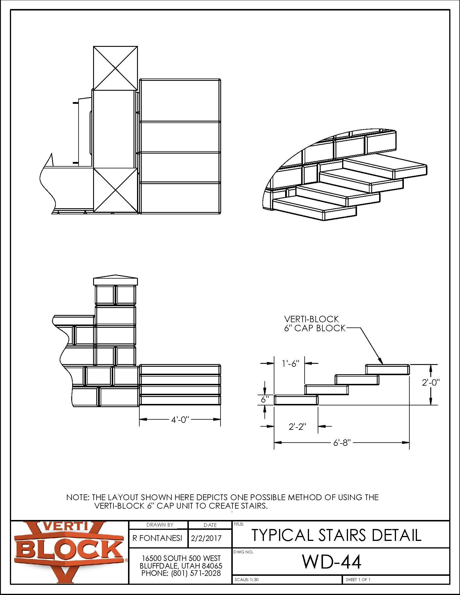 Technical drawing showing different views and dimensions of typical stairs made using Verti-Block 6-inch cap blocks.