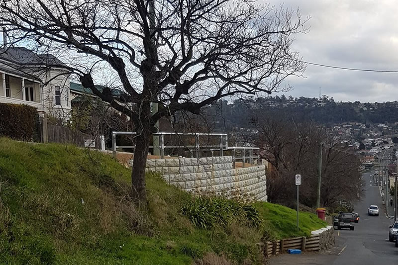 Residential street with a bare tree on a grassy slope and a stone retaining wall under a cloudy sky.