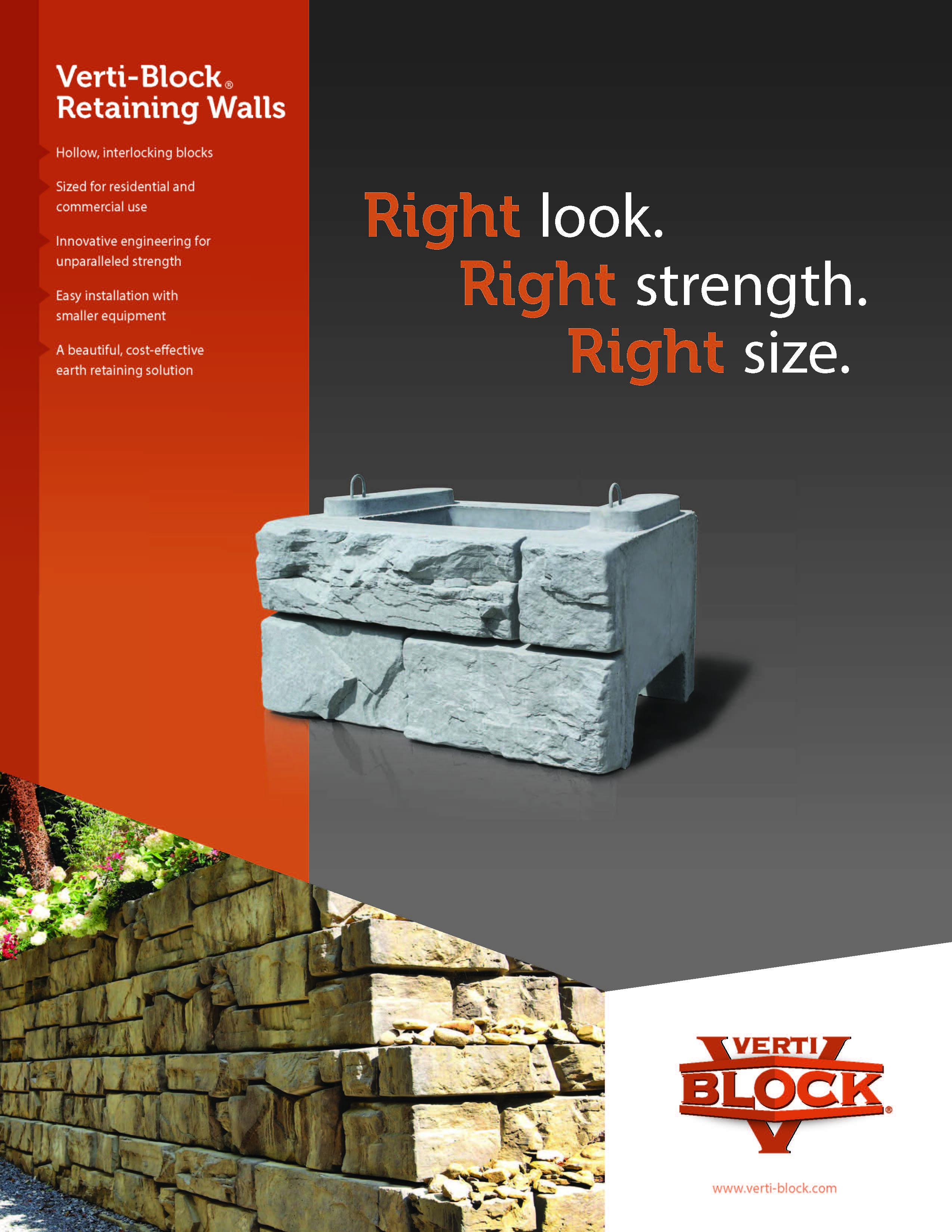 Brochure featuring Verti-Block retaining wall block with benefits listed, a stone retaining wall, and Verti-Block logo.