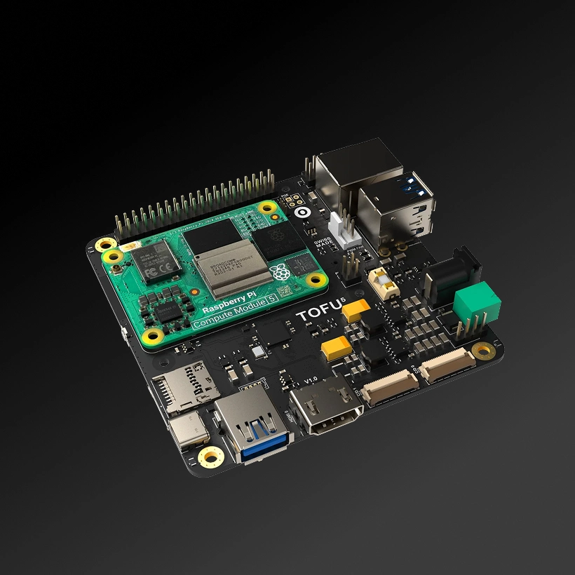 Raspberry Pi Compute Module 5 mounted on a TOFU development board with USB, Ethernet ports, and various connectors on a black background.