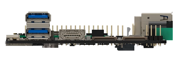 Side view of a compact electronic board featuring USB ports, HDMI port, Ethernet port, and GPIO pins.