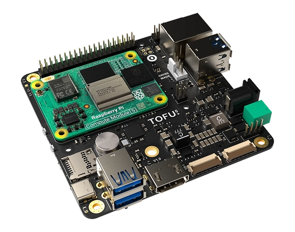 TOFU board with an attached Raspberry Pi Compute Module 5 featuring USB ports, Ethernet, and other connectivity components.