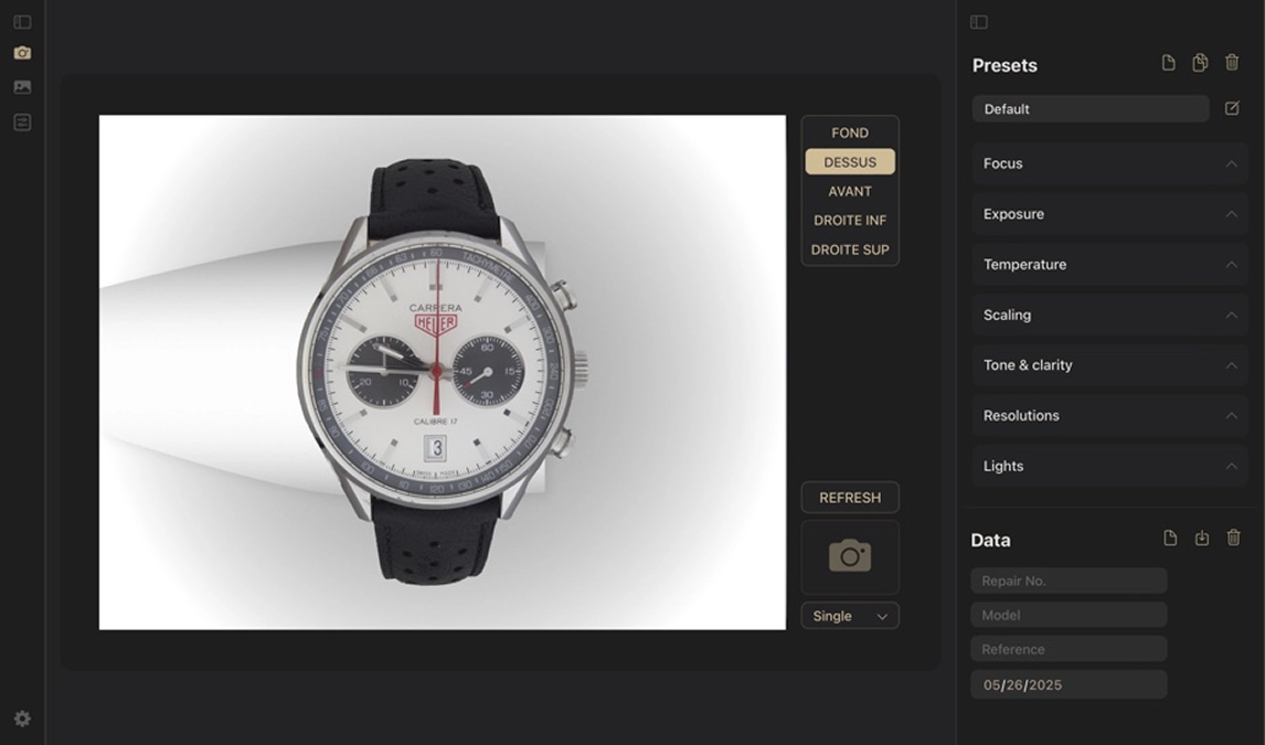 Digital display of a TAG Heuer Carrera Calibre 17 wristwatch with a black strap on a grey background in product imaging software.