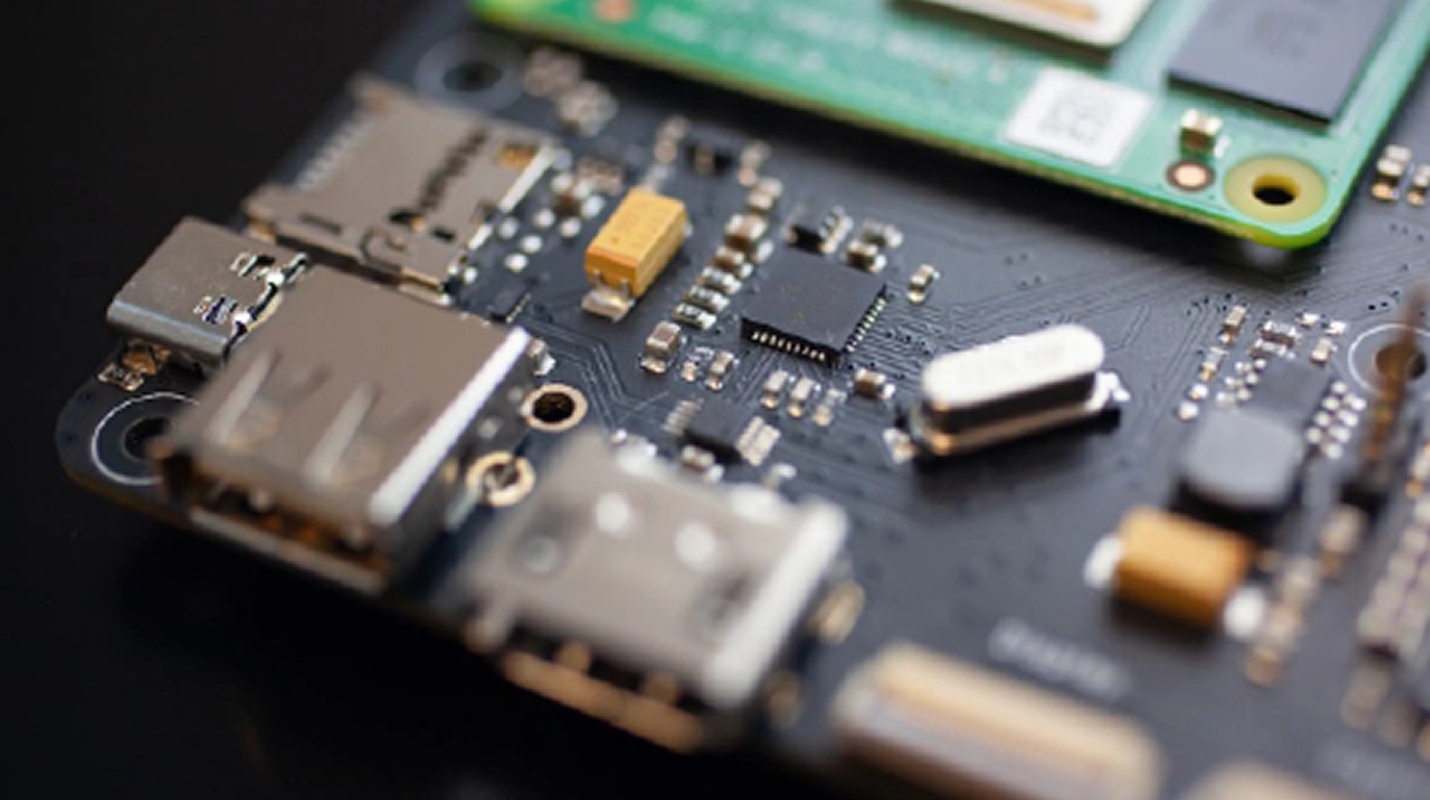 Close-up of electronic circuit board featuring USB ports and various small components.