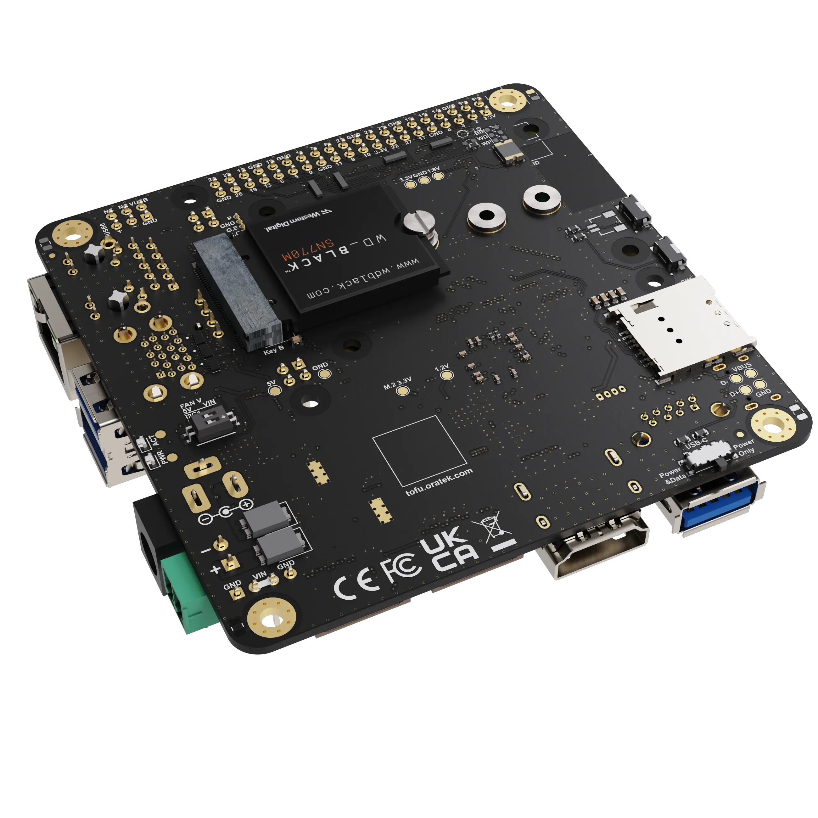 Black printed circuit board with connectors, labeled WD-Black SN770M SSD, ports, and various electronic components.