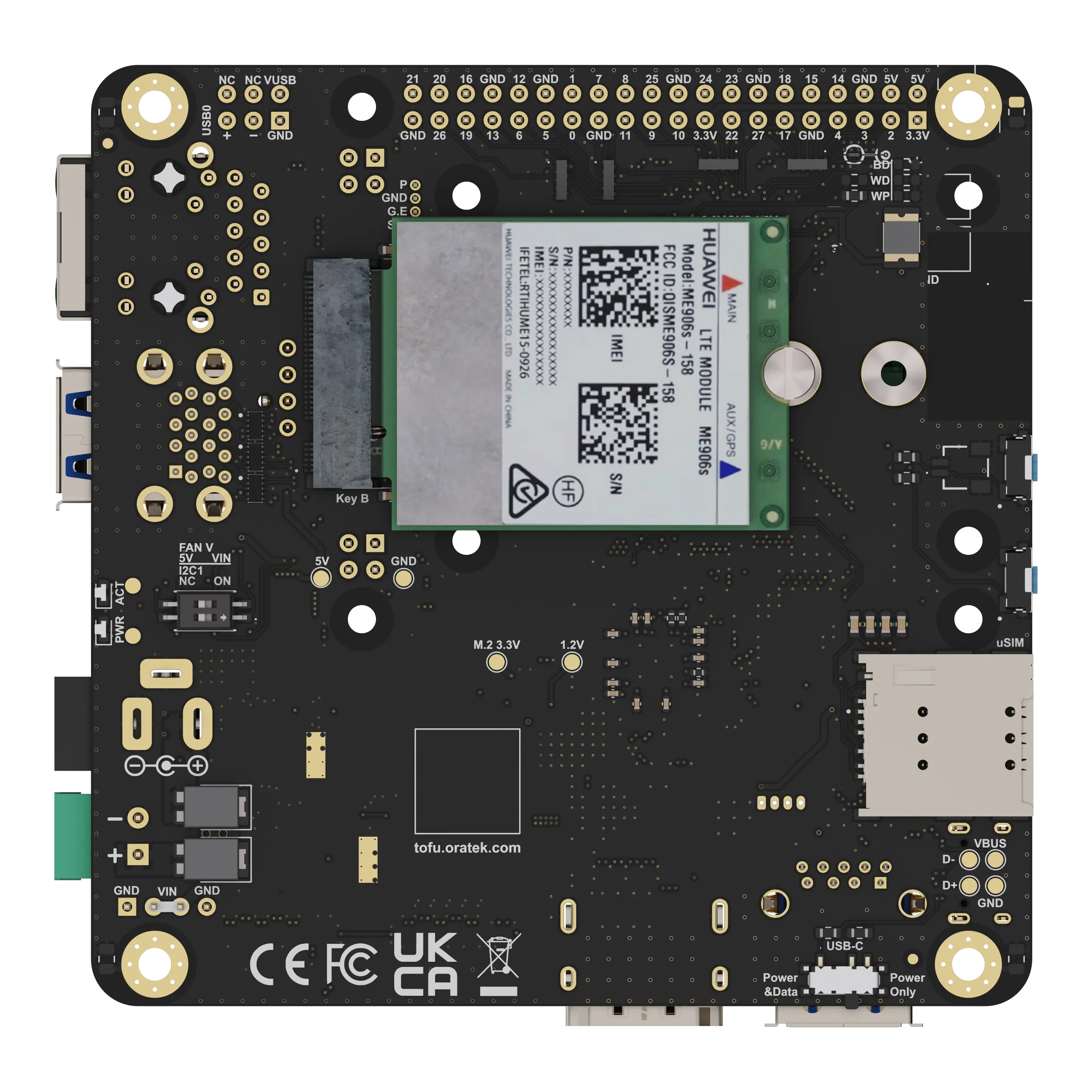 Top view of a black electronic circuit board with a mounted Huawei LTE module, USB-C ports, SIM card slot, and various connectors and labels.
