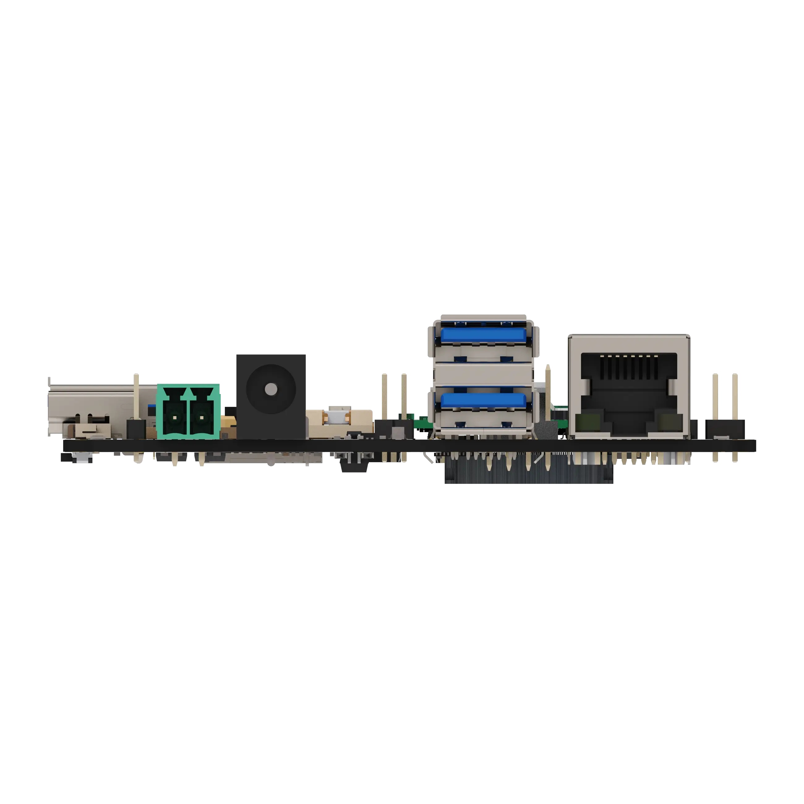 Side view of a computer motherboard showing dual USB 3.0 ports, an Ethernet port, DC power jack, and green terminal block connectors on a black background.