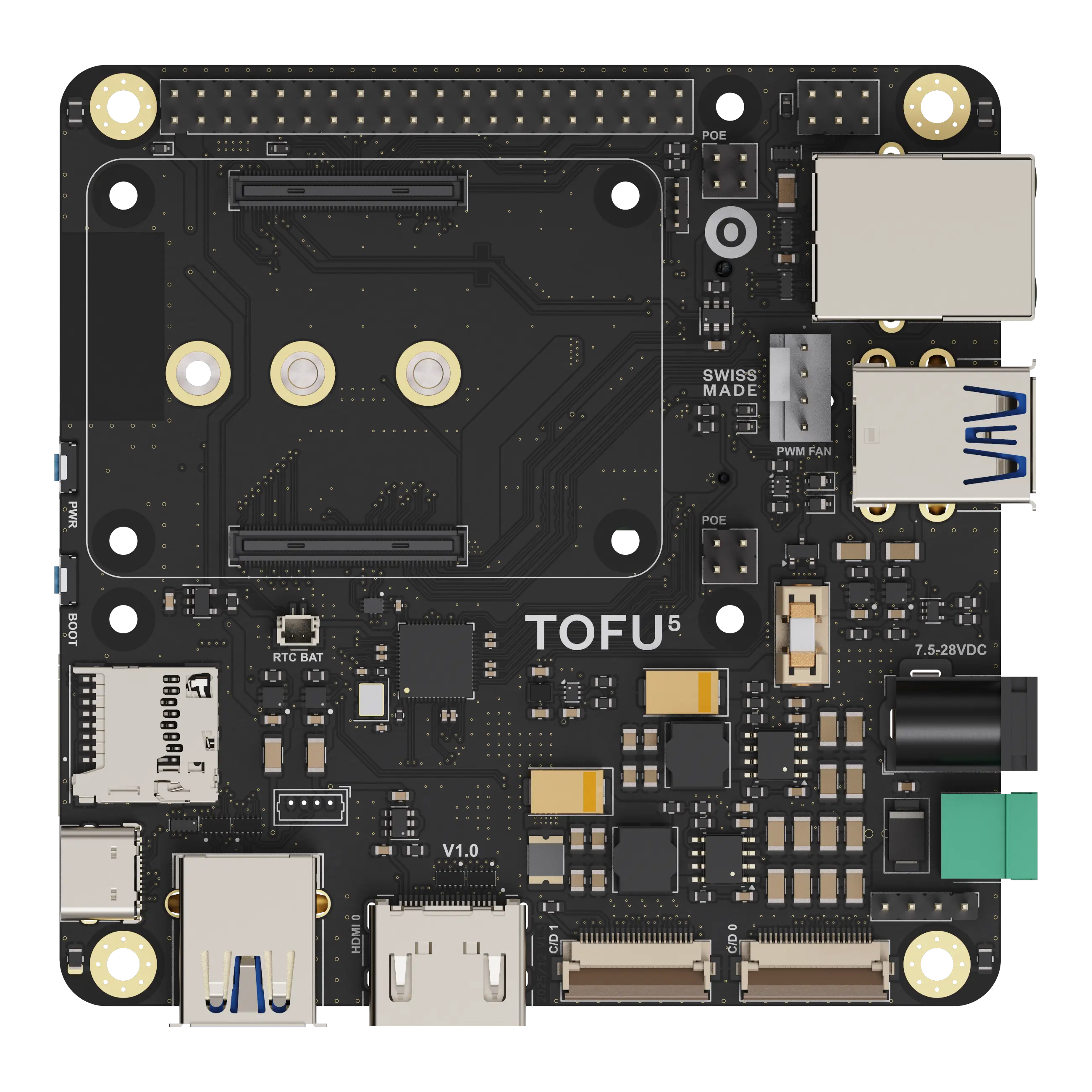 Top view of TOFU5 black circuit board with USB, HDMI ports, power input, and labeled connectors.