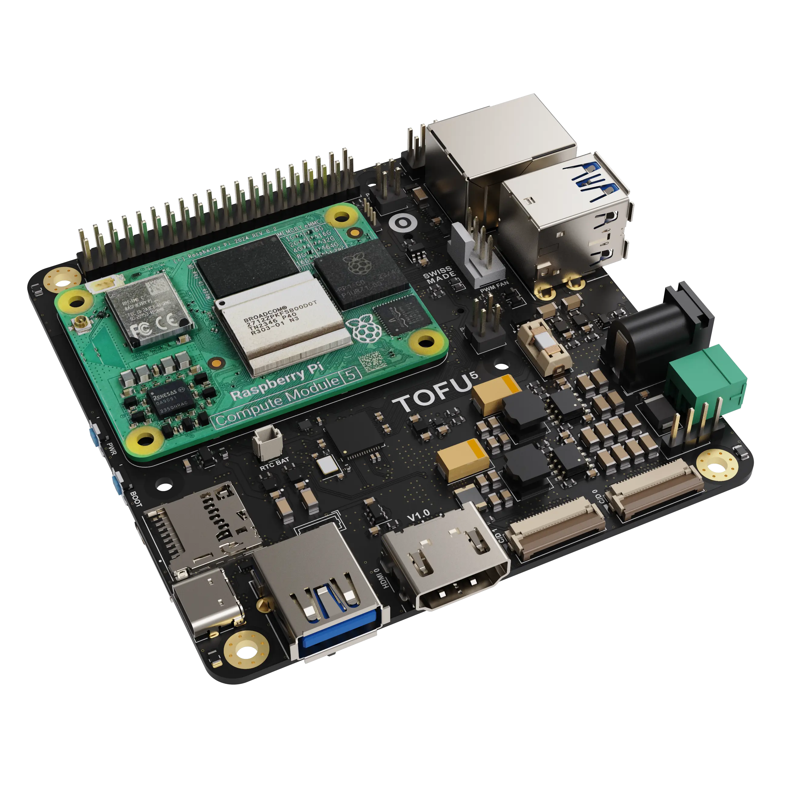 Top angled view of a TOFU5 board featuring a Raspberry Pi Compute Module 5 with various USB, HDMI, and GPIO ports.
