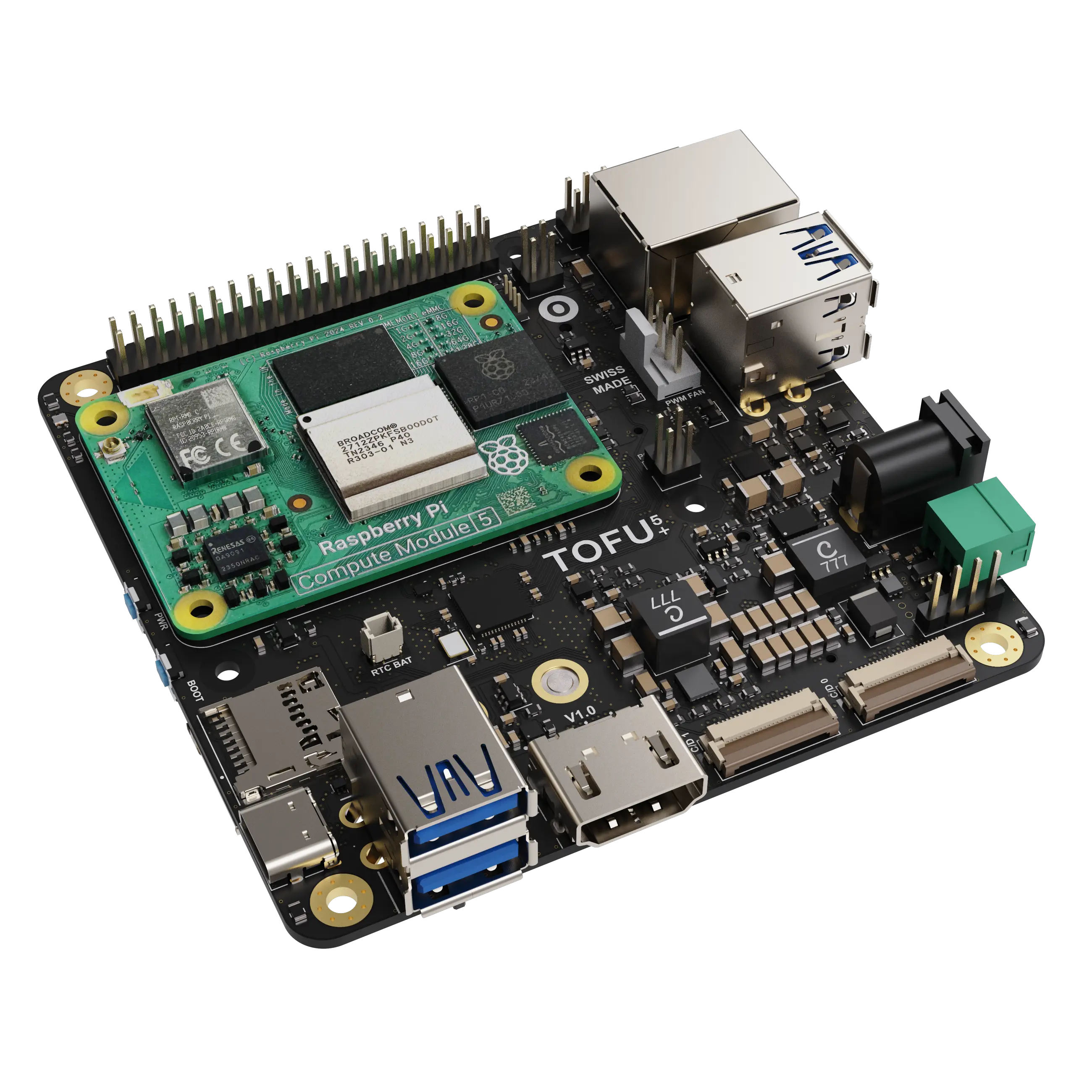 Black TOFU 5+ board featuring a Raspberry Pi Compute Module 5 and multiple ports including USB and HDMI.