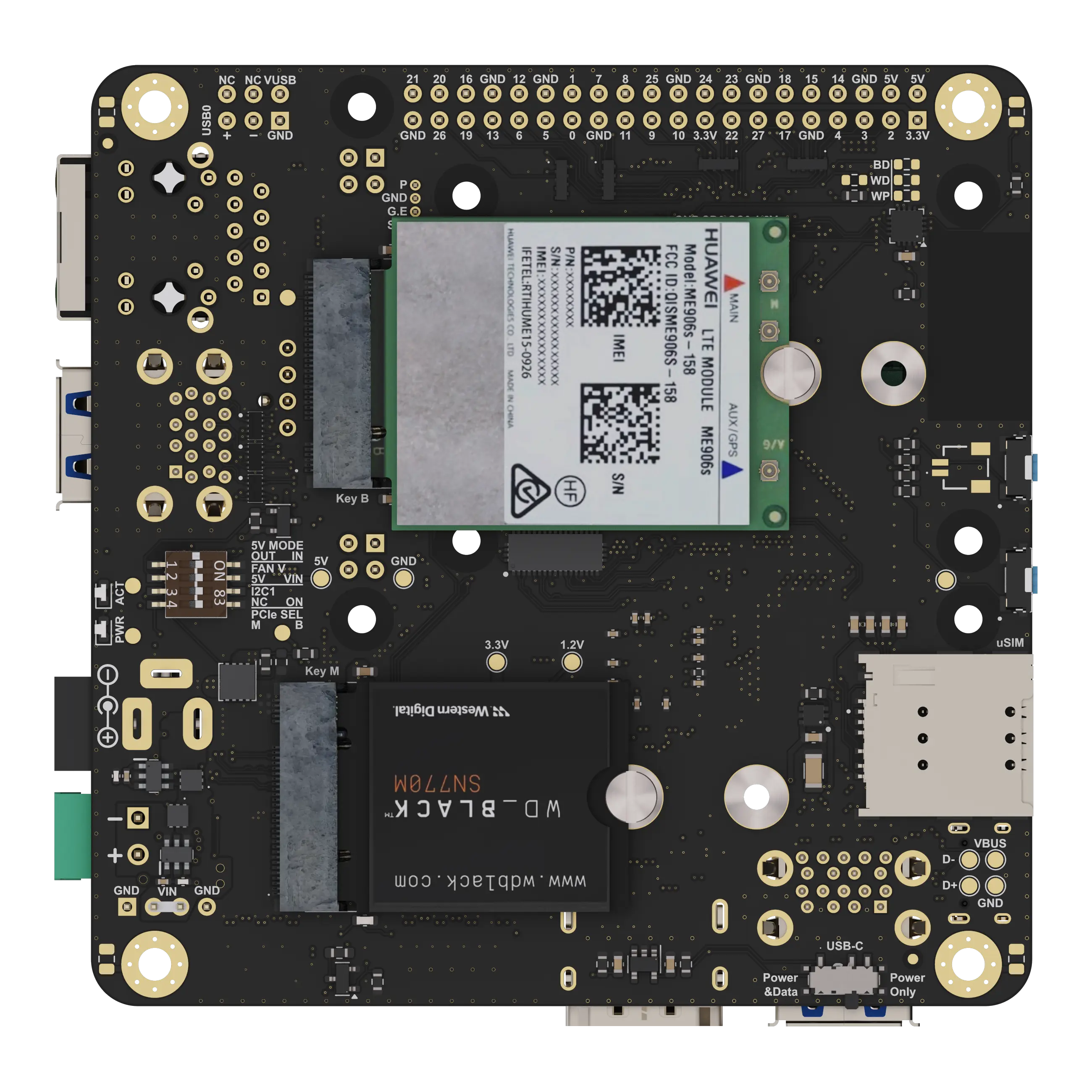 Top view of a black circuit board featuring a Huawei LTE module ME906S and a WD-Black SN770 NVMe SSD slot.