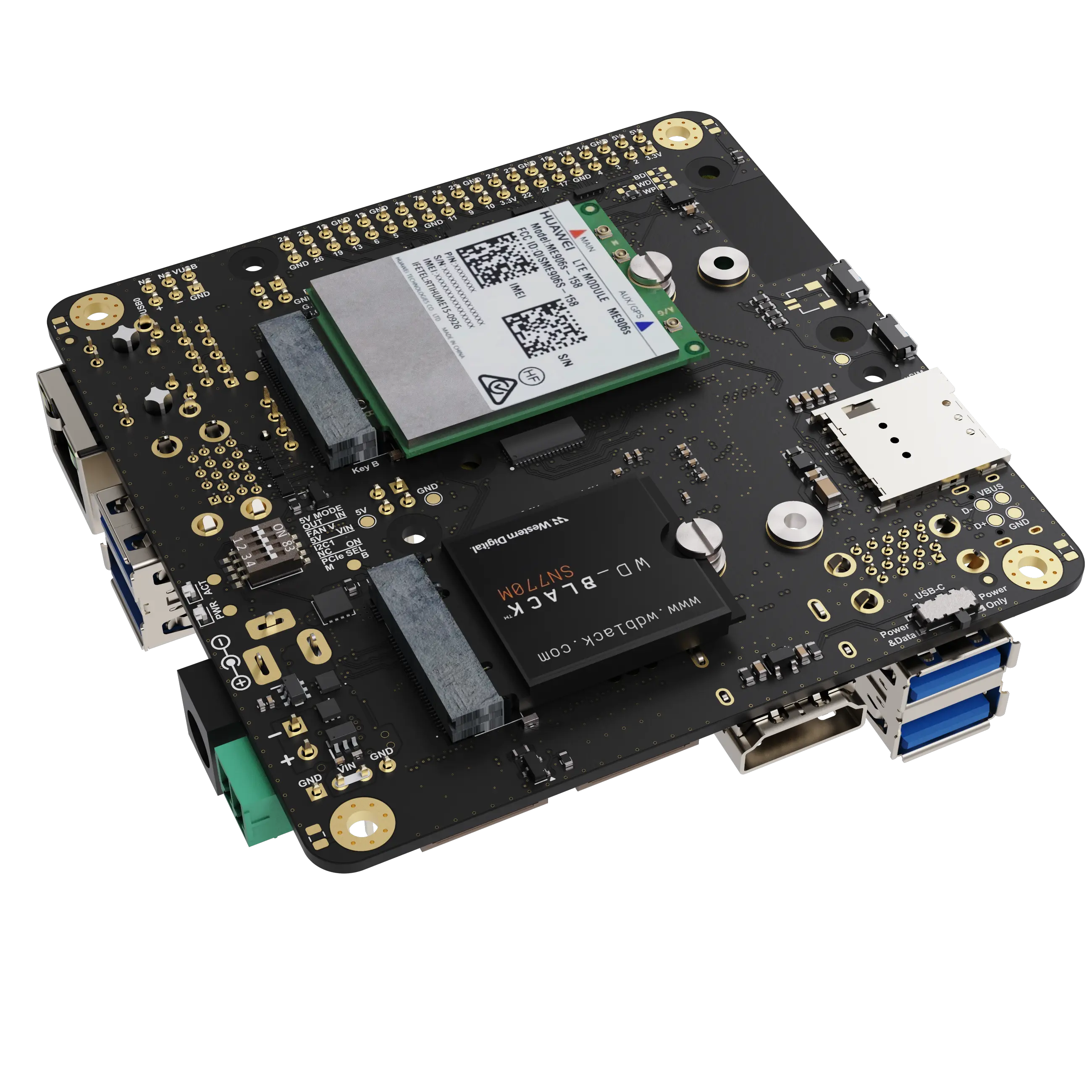 Compact black circuit board with Huawei LTE module and WD-Black SSD installed, featuring USB ports and various connectors.