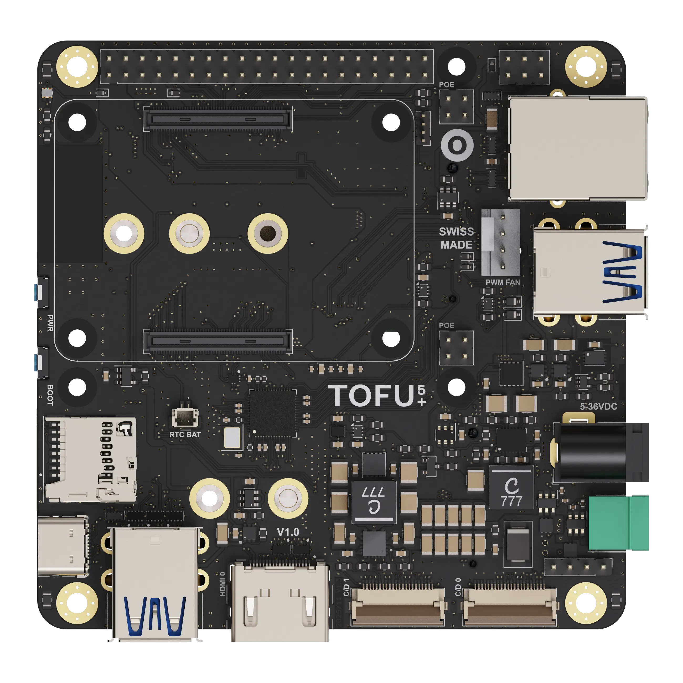 Top view of a black TOFU 5+ circuit board with USB ports, HDMI port, RJ45 Ethernet ports, and several connectors labeled POE, PWM FAN, RTC BAT, and V1.0.
