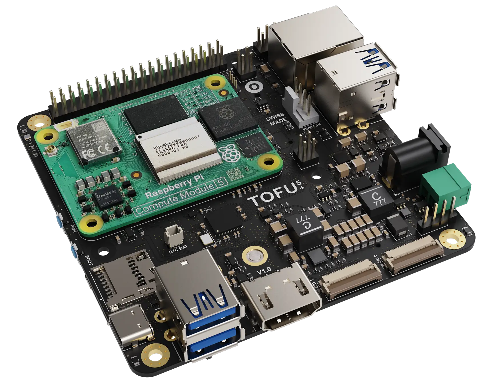 Raspberry Pi Compute Module 5 mounted on a TOFU V1.0 circuit board with USB and Ethernet ports.