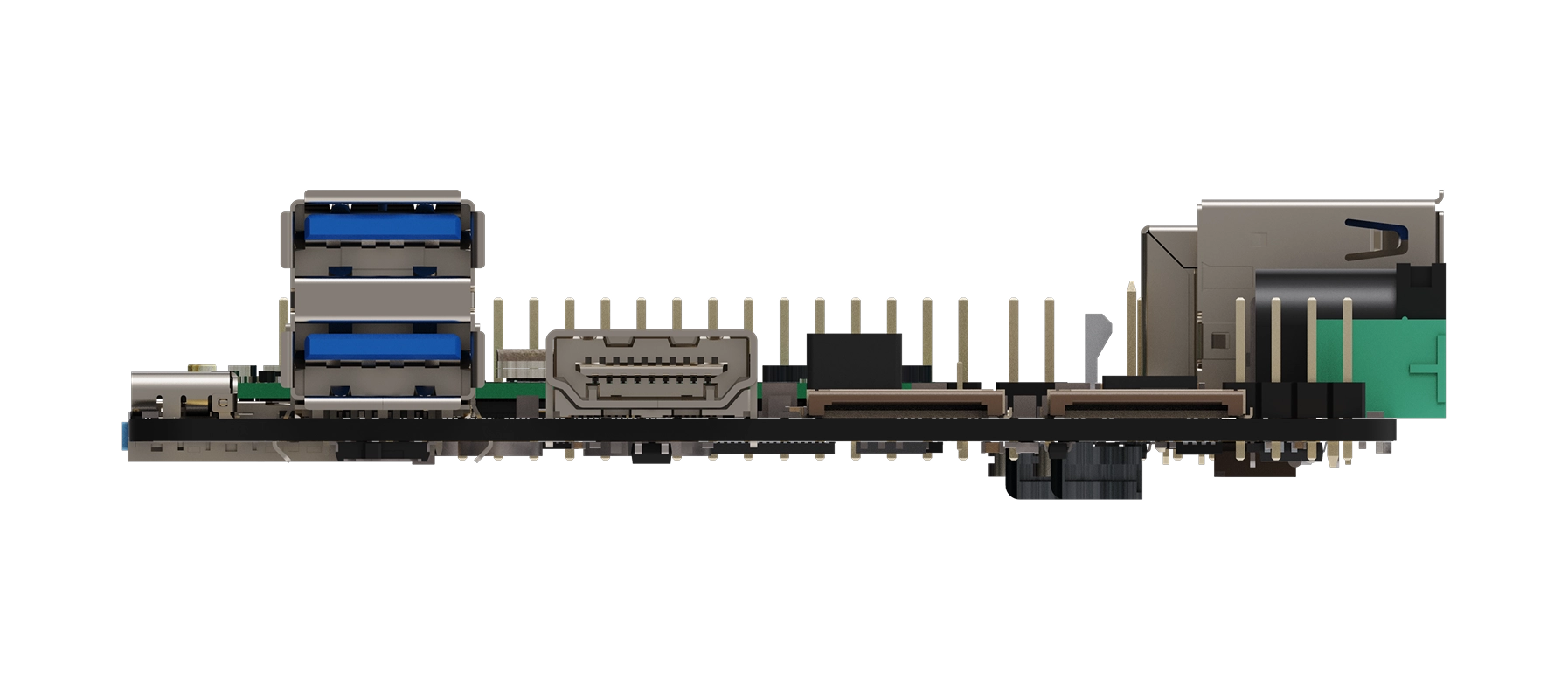 Side view of a computer board showing dual USB 3.0 ports, an HDMI port, an Ethernet port, audio jack, and multiple electronic connectors.