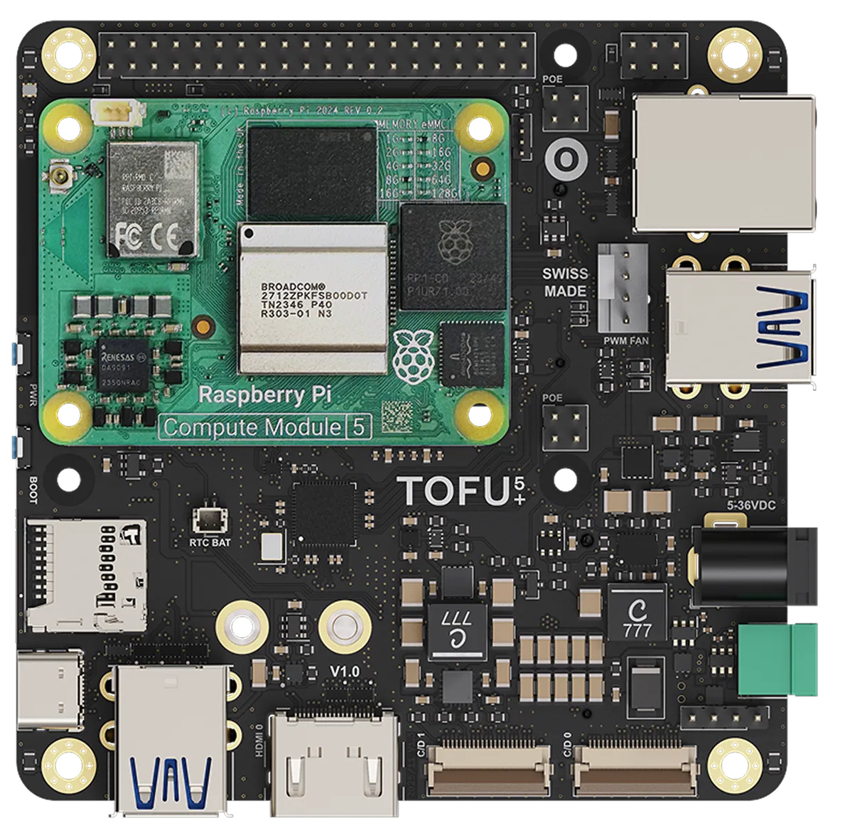 Top view of a TOFU5+ single-board computer featuring a Raspberry Pi Compute Module 5 with visible USB, HDMI ports, various connectors, and components on a black circuit board.