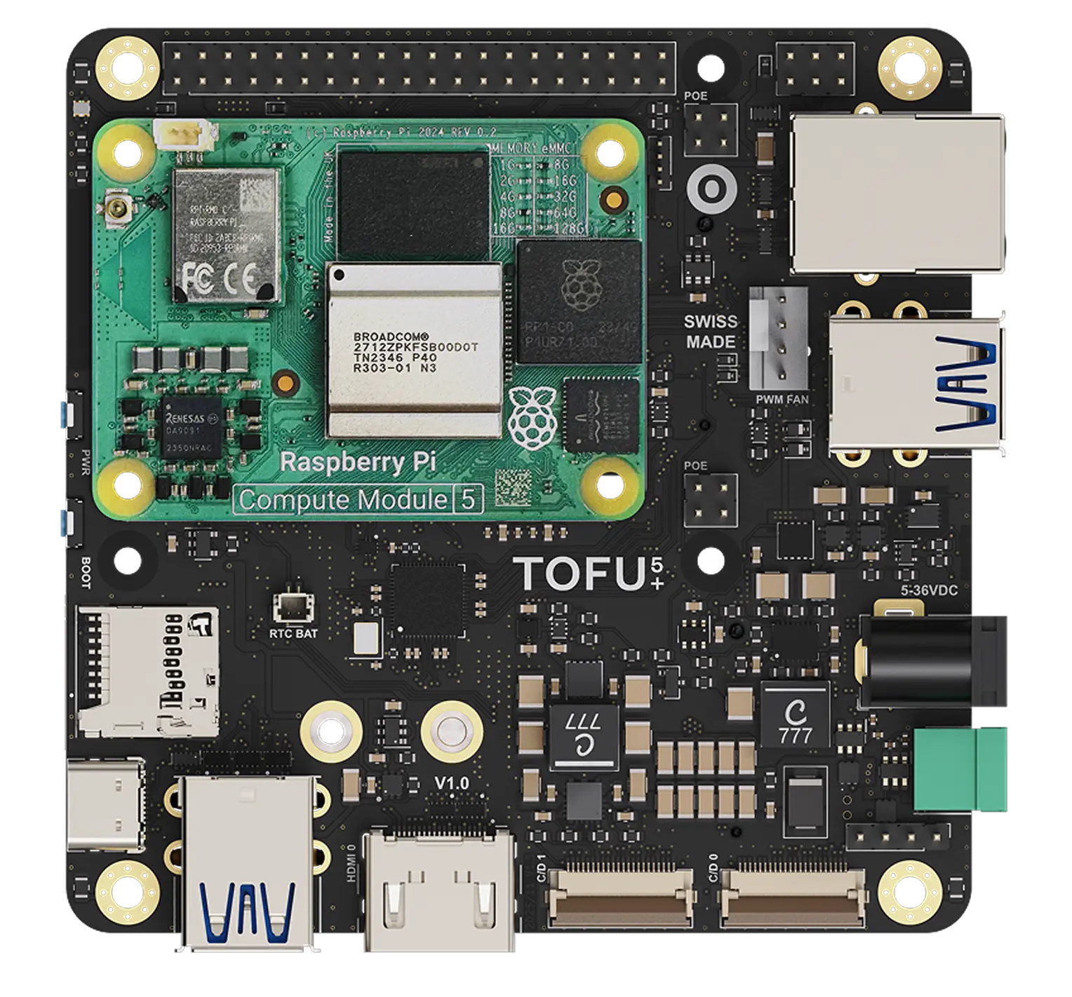 Top view of a TOFU5+ board with a Raspberry Pi Compute Module 5 installed, featuring various ports and electronic components.