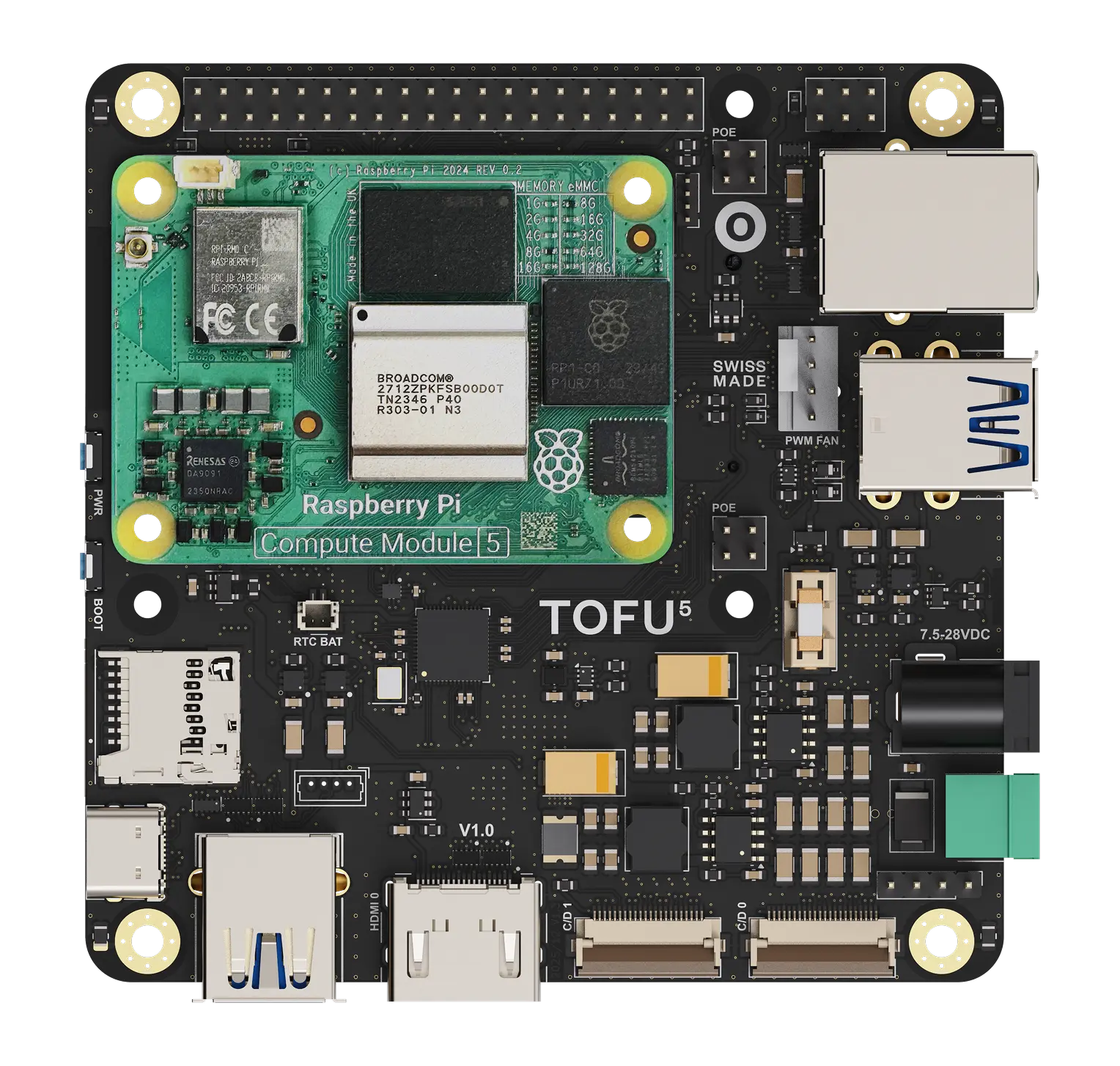 Top view of TOFU5 motherboard with Raspberry Pi Compute Module 5 installed, showing multiple ports and components including USB, HDMI, Ethernet, and memory chip.