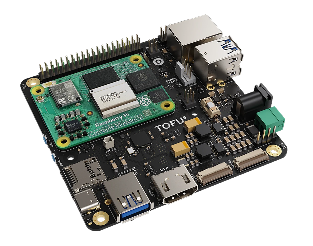 Raspberry Pi Compute Module 5 mounted on a TOFU5 carrier board with multiple USB, HDMI, and GPIO ports.