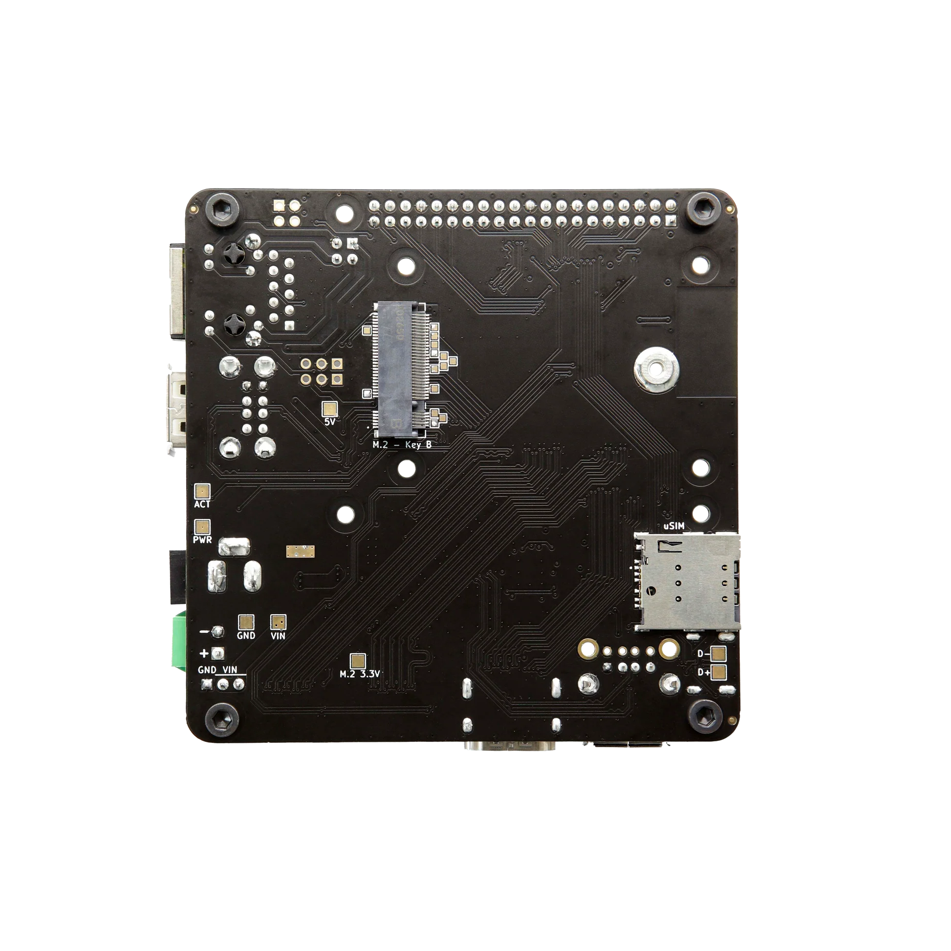 Black circuit board featuring various connectors, labeled M.2 Key B slot, power and ground points, and a uSIM card slot.