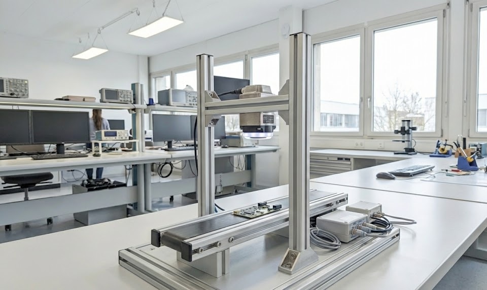 Electronics testing equipment with circuit boards on a lab table in a bright laboratory room.