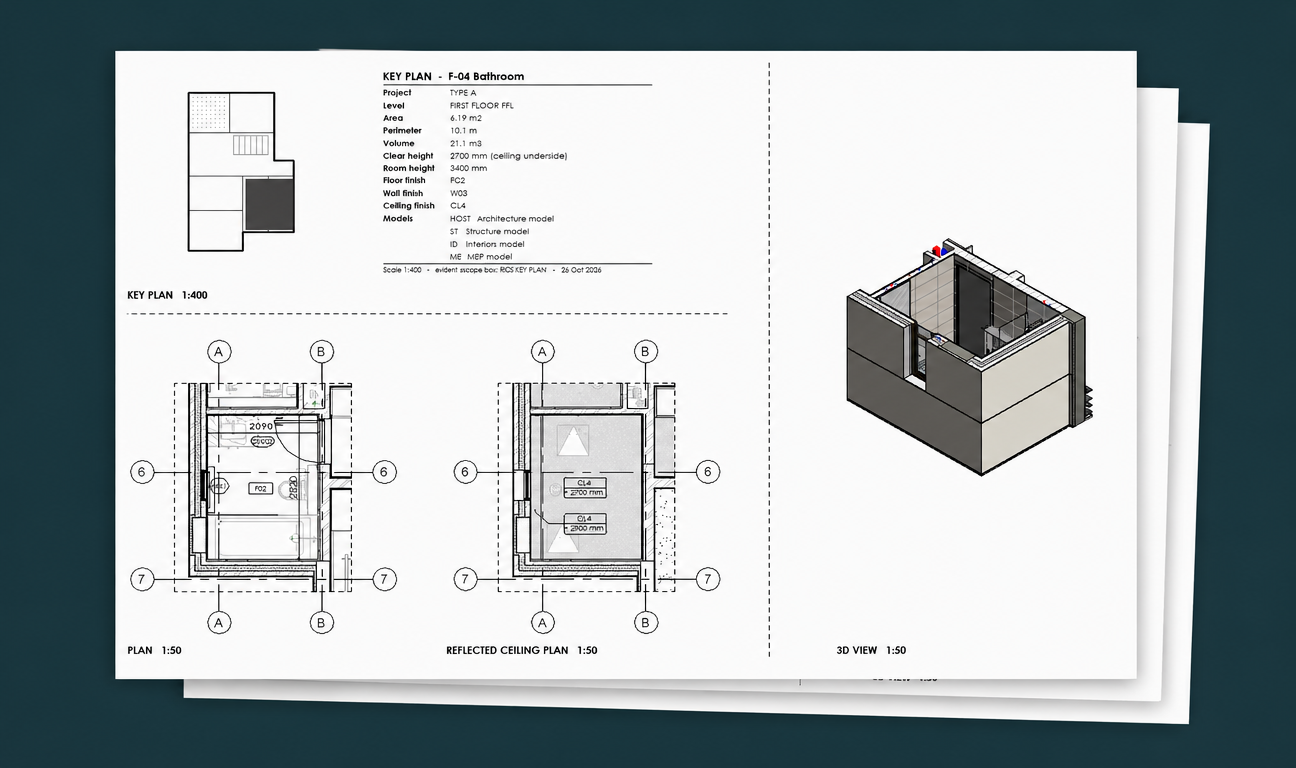 Room Data Sheets for Revit — page 1 of a generated sheet: key plan, plan, reflected ceiling plan and 3D cutaway