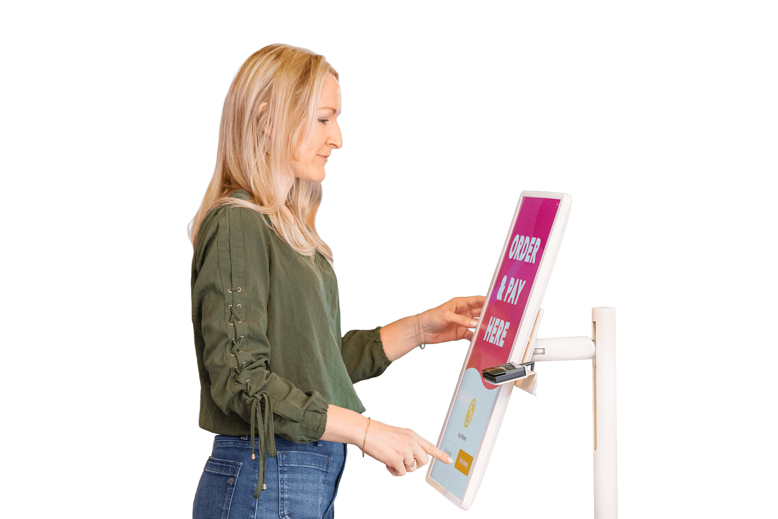 Customer taps on a self-ordering kiosk with “Order & Pay Here” displayed, starting a quick and easy digital order process.