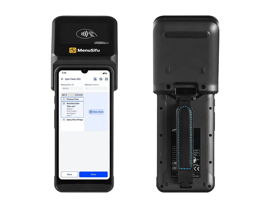 Front and back views of the handheld devices showcasing the handheld POS system and integrated pos functionality.
