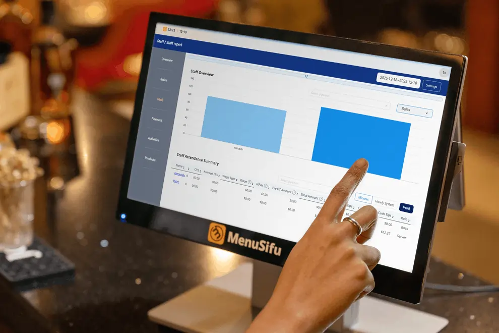 Manager uses POS dashboard to view staff tips, attendance, and sales data, verifying tip amounts for accurate shift closeout.