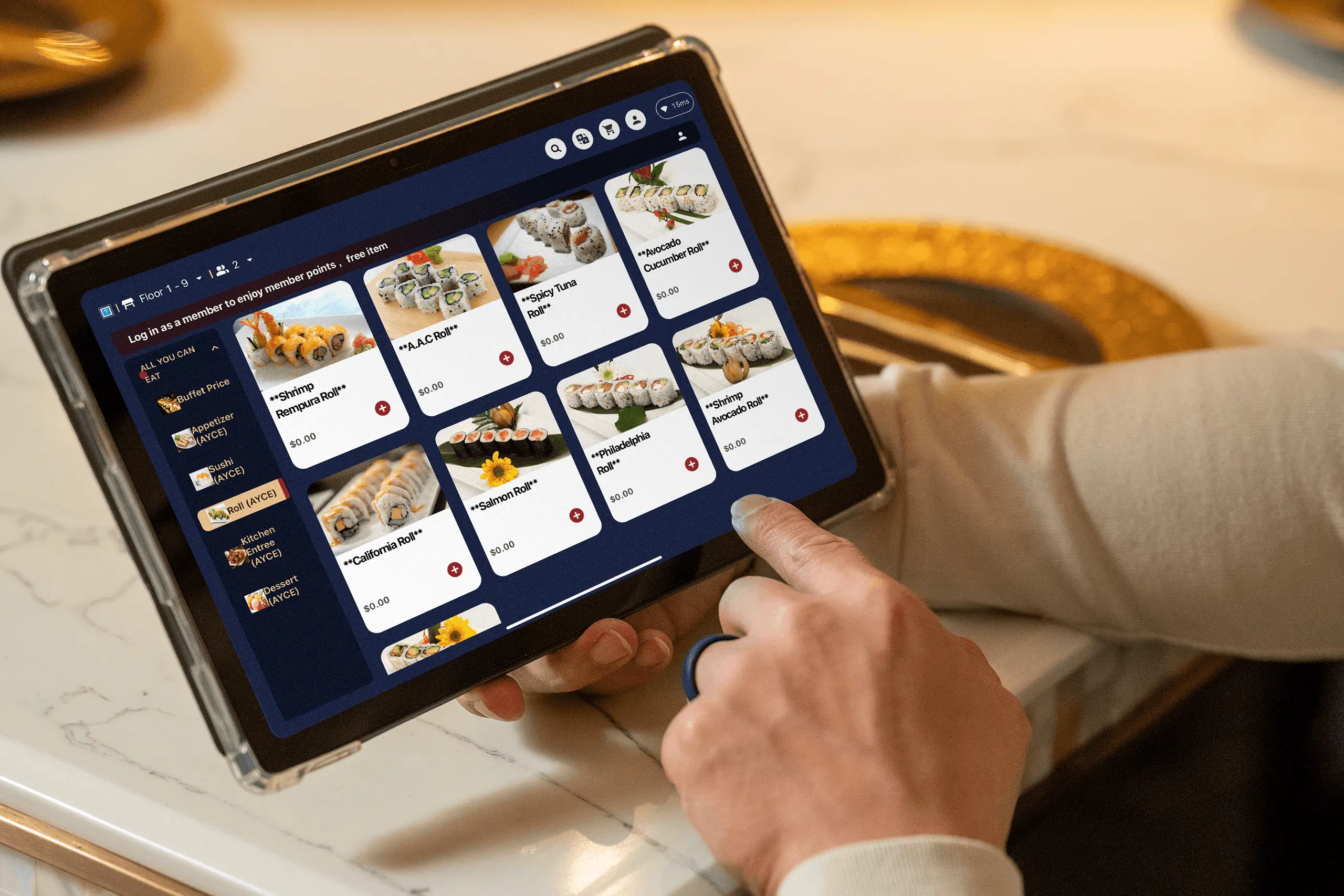 Guests browse dishes and images on an electronic menu using a tablet for fast, intuitive restaurant ordering.