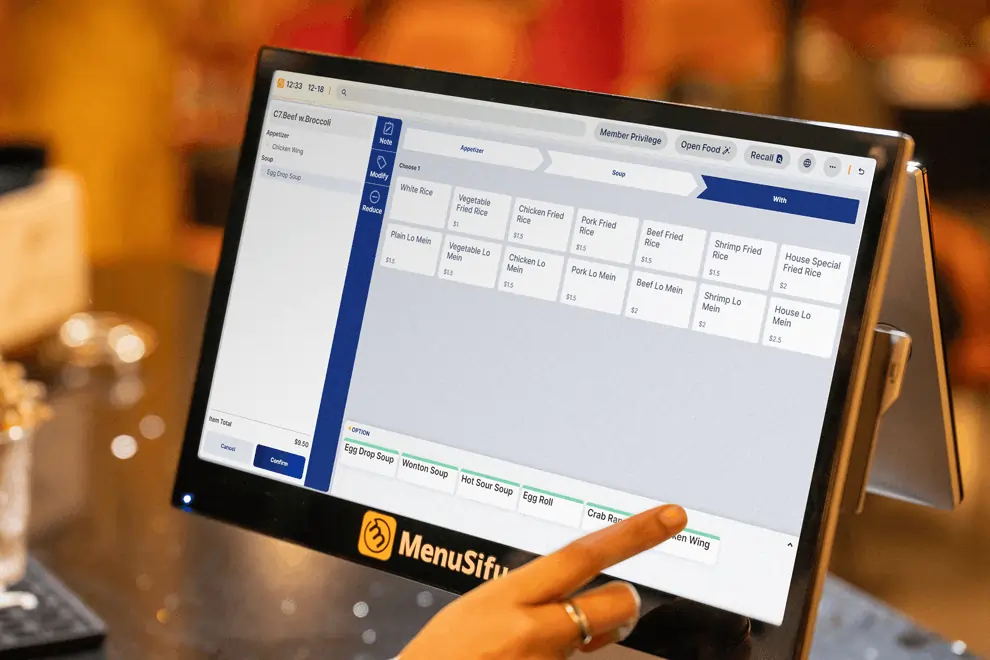 MenuSifu terminal displaying intuitive modifier options for customizing dishes with rice, lo mein, and soups at the point of sale.