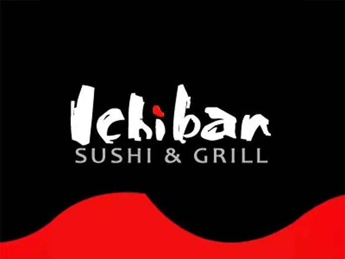 Ichiban Sushi & Grill logo with bold white text on a black background and red wave design below.