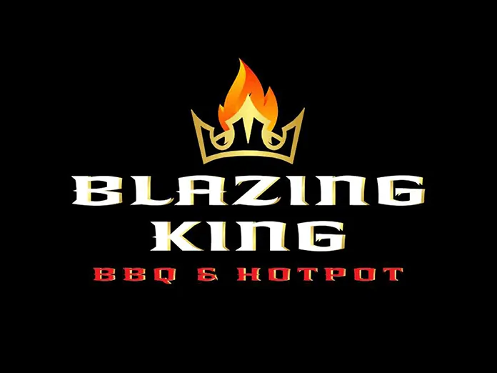 Blazing King BBQ & Hotpot logo with flame crown on black background, featuring bold gold and red text.