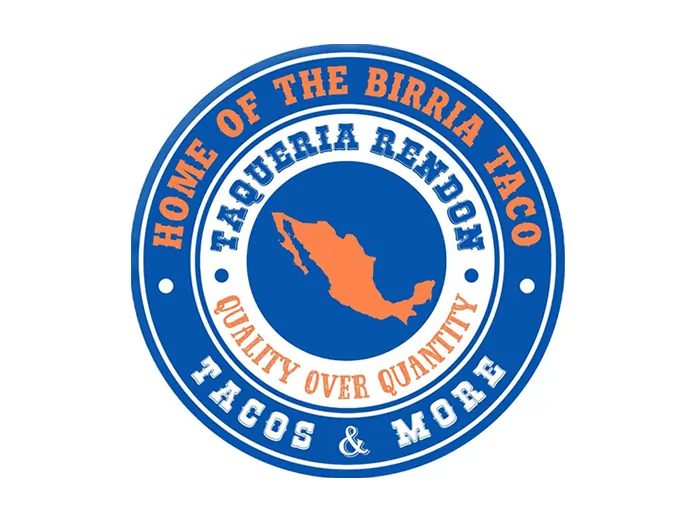 Logo of Taqueria Rendon featuring a Mexico map and phrases like “Tacos & More” and “Home of the Birria Taco.