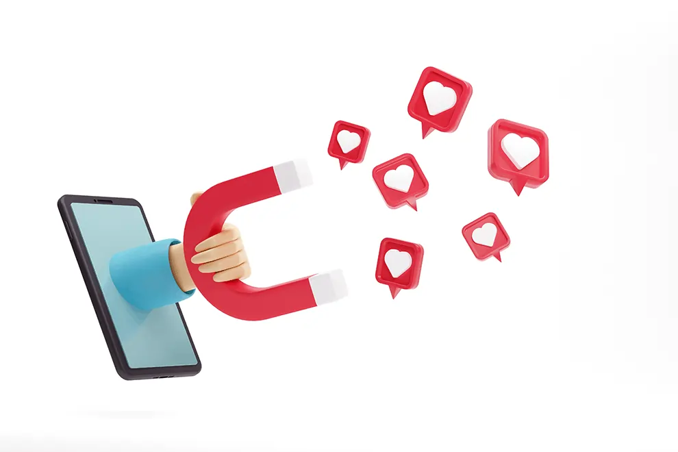 3D magnet from smartphone pulling heart icons, representing how MealKeyway drives more new customers through digital reach.