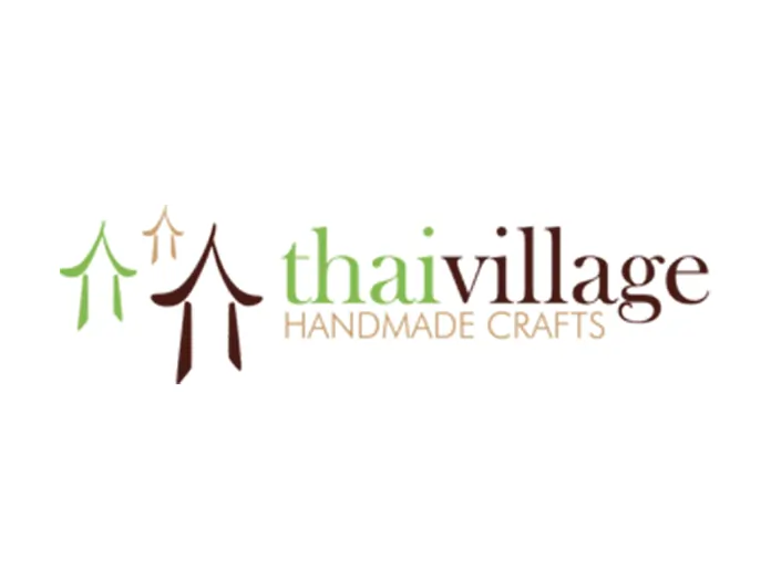 Logo of Thai Village with stylized roof icons and the tagline “Handmade Crafts” in green, brown, and tan text.