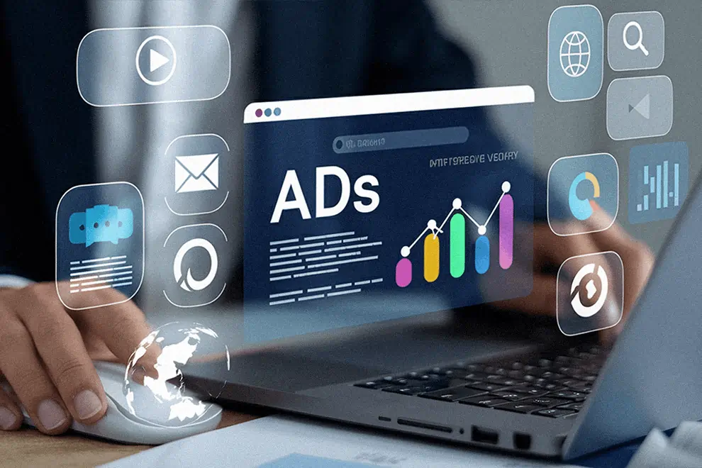 Businessman analyzes paid ad campaign performance on a laptop with colorful graph metrics and digital marketing icons.