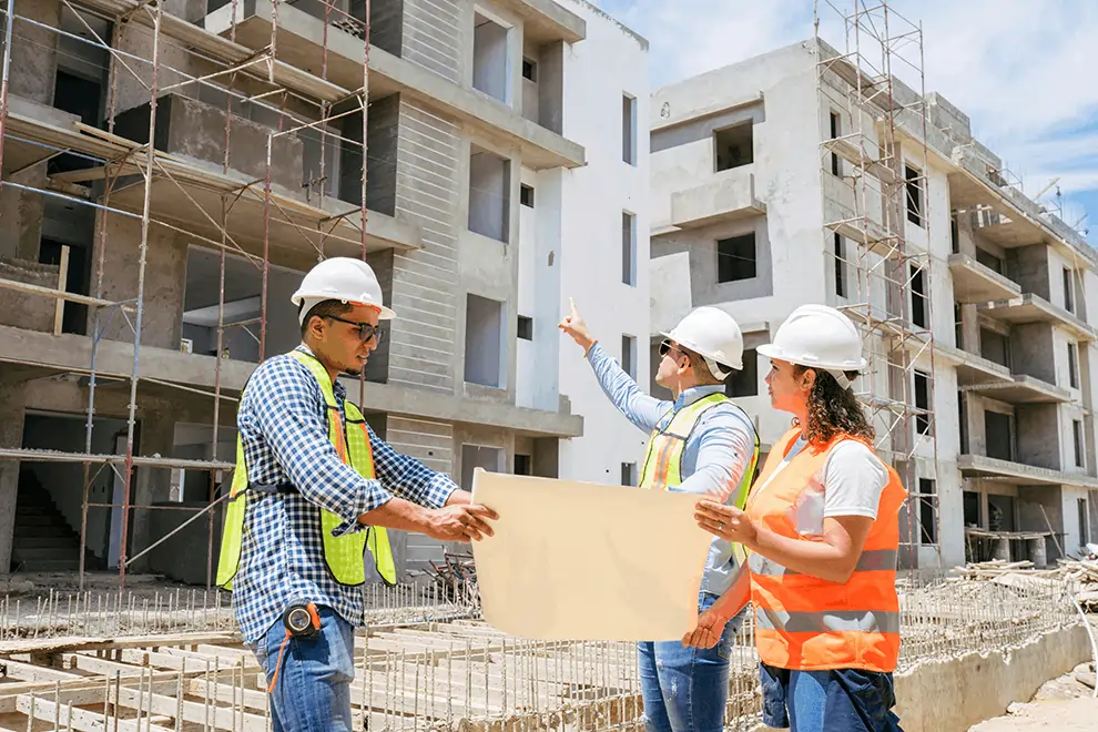 Construction team reviewing blueprints on-site in front of an unfinished multi-story building under a clear sky.