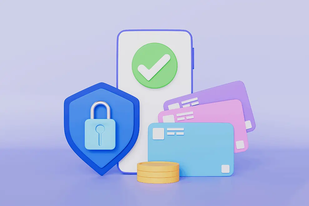 Secure digital payment setup showing cards, lock, and checkmark to highlight US ezPay's safe transaction platform.