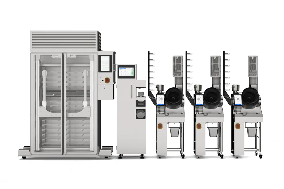 Hestia kitchen system automating food prep from POS to cookline with robotic stations for seamless restaurant operations.