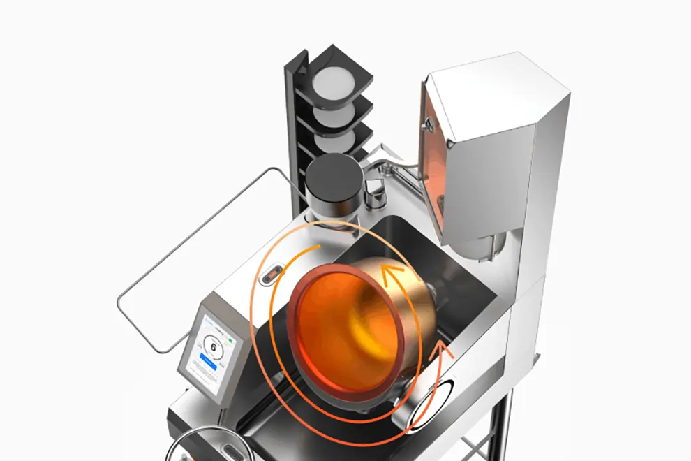 Hestia stir-fry robot with induction tech for fast, energy-saving cooking and rapid order fulfillment.