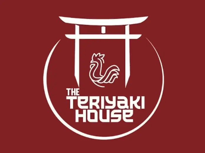 White torii gate and rooster logo with “The Teriyaki House” text on a red background, representing a Japanese restaurant.