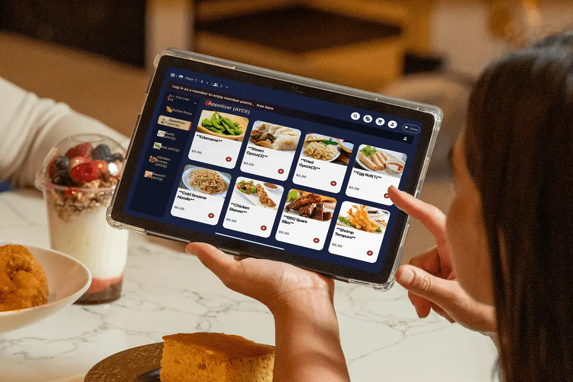 Touchscreen tablet showing digital menu items, transforming restaurant service flow with self-ordering system.