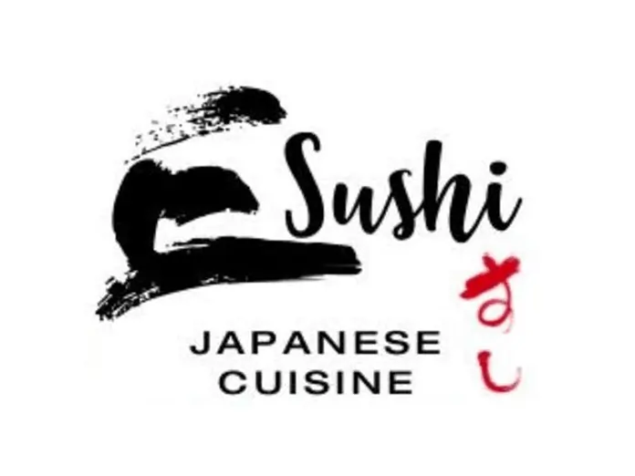 E Sushi Japanese Cuisine logo with brushstroke design and red sushi character.