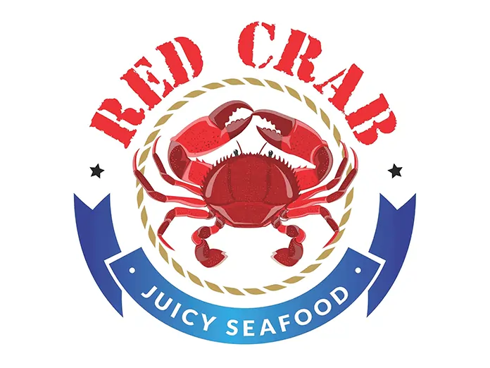 Red Crab Juicy Seafood logo with red crab illustration, rope border, and blue ribbon on white background.