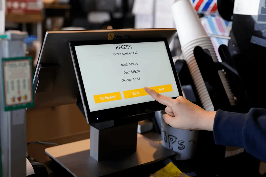 Bubble tea shop touchscreen POS terminal displaying order receipt, offering options to print, email, or skip receipt.
