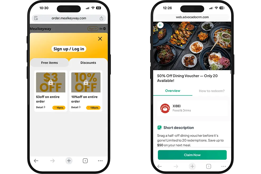 View of a restaurant loyalty app with $3 and 10% off rewards and a 50% dining voucher available to redeem.